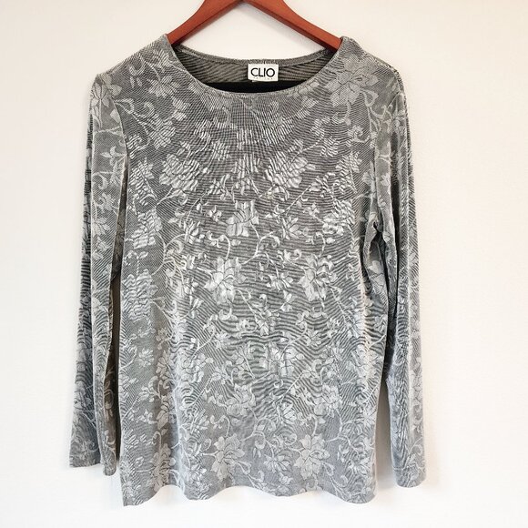 Clio Tops - Vintage Y2k 70s Clio PM LongSleeve Gray Floral Top Whimsigoth Retro Disco